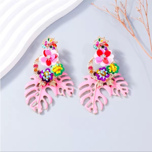 Zara Rio Pink Colorful Floral Statement Earrings - Picture 2 of 6
